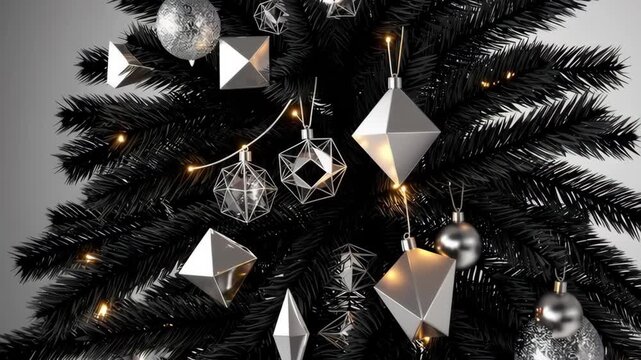 Elegant black christmas tree adorned with geometric silver ornaments and warm highlights
