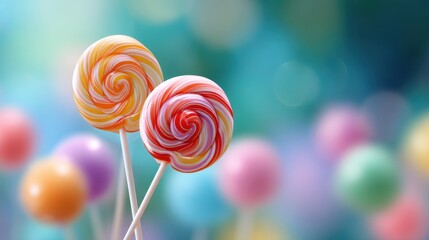Colorful Swirled Lollipops on a Soft Focus Background with Pastel Candy Spheres in the Vivid, Bright Candyland Atmosphere for Sweet Treats