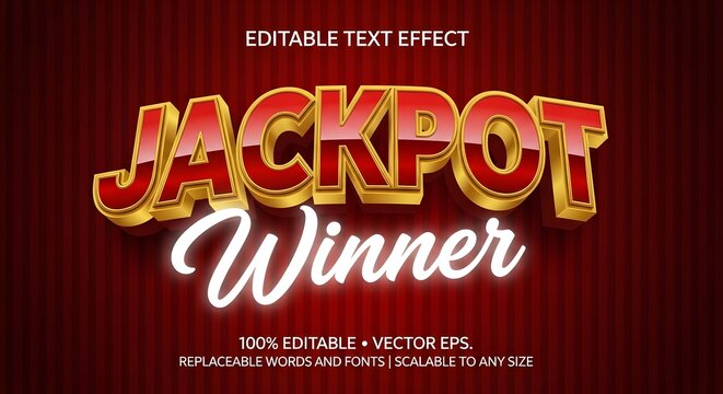 Jackpot winner 3d editable text effect with golden letters and a stylish script font on a luxurious red background, ideal for casino games and celebrations