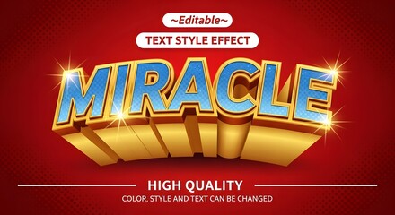 Editable 3d text style effect featuring the word miracle in shiny blue and gold, set against a vibrant red background, high quality and customizable design