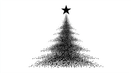 minimalist Christmas tree silhouette made of hundreds of small black dots, arranged in a triangular tree shape, dense at the center and gradually spreading outward, with a clean sh