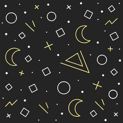 Black background with white and yellow abstract geometric and celestial shapes vector illustration