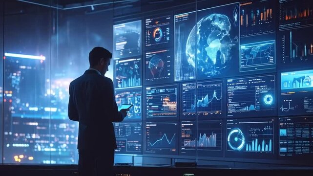 Analyst Reviews Data on Screens in Control Room