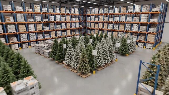 Warehouse interior with rows of shelves filled with boxes and a collection of artificial Christmas trees.