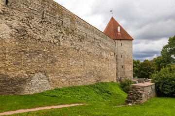 Medieval stone tower and city wall in Tallinn, Estonia.