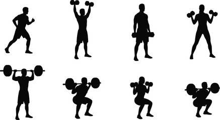 Fitness athlete silhouettes performing weightlifting, dumbbell exercises, running, and strength training movements, ideal for gym workout illustrations, sports posters, and vector design projects