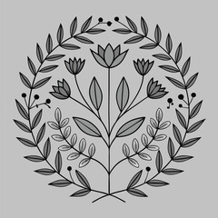 Circular floral motif with grey flowers, leaves, and berries on a light grey background wreath border