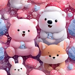 Adorable Cartoon Animals with Winter Themes and Soft Colors