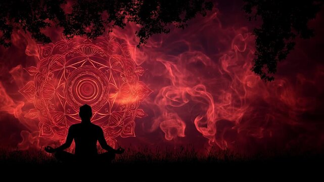 root chakra meditation silhouette. activation of 1st chakra muladhara with red lotus radiating light and smoke