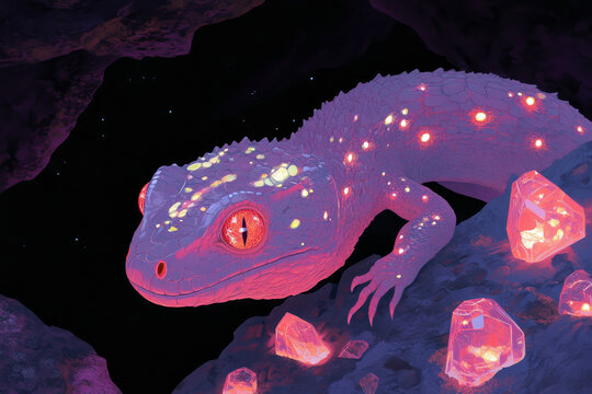 Enchanting basilisk in mystical cavern with glowing crystals