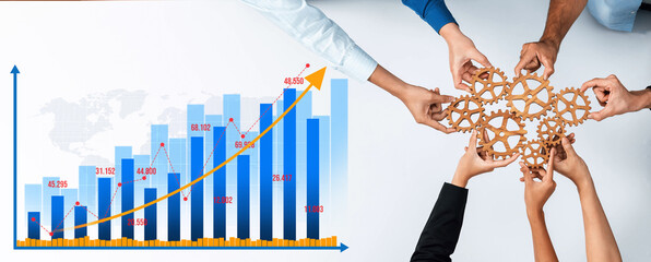 A dynamic scene showcasing teamwork with hands assembling gears over a growth chart, symbolizing...