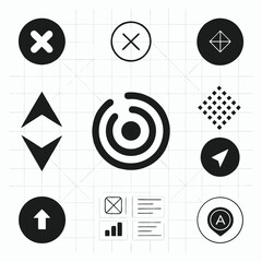 Collection of black and white icons for navigation and data visualization Keywords: icons, symbols, navigation, arrows, close, cancel, delete