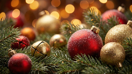 Fototapeta premium Festive Christmas Composition with Frosted Red and Golden Baubles, Jingle Bells, and Pine Branches on Bokeh Background