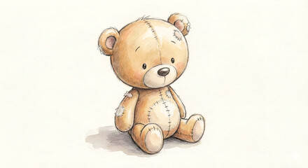Cute Hand-Drawn teddy bear Illustration. Vintage watercolor and pencil sketch of a soft toy isolated on white background