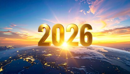 Bold 2026 rises above Earth—ritual of cosmic transition and radiant hope, where skyline glow and planetary curve choreograph the emotional architecture of progress, unity, and future arrival.