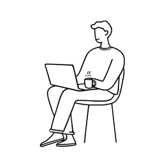 Man sitting on chair working on laptop computer holding coffee cup