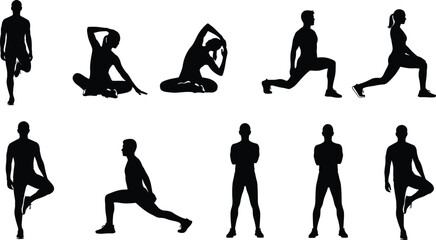 Set of black fitness silhouettes, men and women stretching, warm up exercises, sport vector illustration for gym workout, isolated on white background.