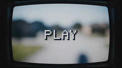 Vintage TV static screen with a neon green vibrant play button, perfect for retro video game nostalgia or a classic broadcasting vibe