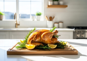 Golden roasted whole chicken with rosemary garnish and fresh lemon on a wooden board
