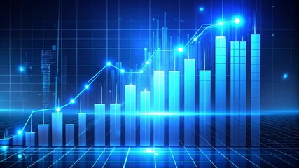 Ascending Bar Graph with Line in Blue Futuristic Cityscape - Powered by Adobe