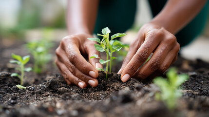 hands planting new seeds in soil, illustrating long-term growth, patience, and habit-building, natural outdoor light,