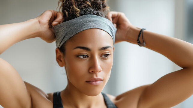 a person tying a hairband before a workout, symbolizing determination, routine, and discipline,