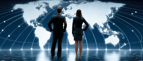 Global Vision: Two figures, united in purpose, stand before a glowing digital world map, contemplating strategies and opportunities for international endeavors. - Powered by Adobe