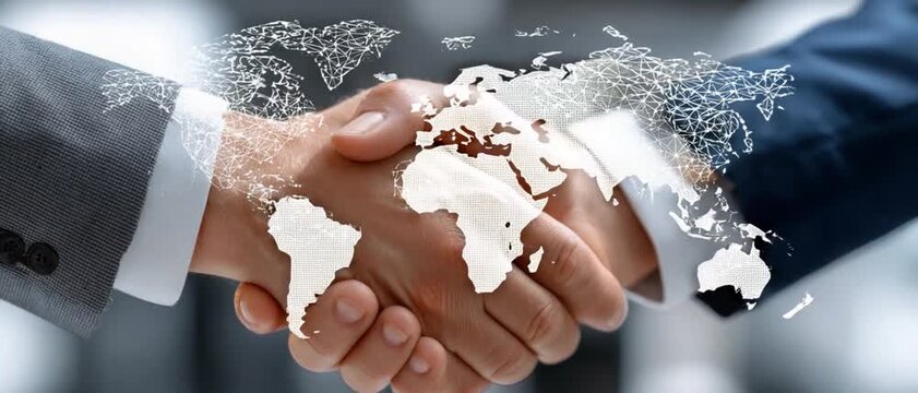 Global Agreement: Two professionals seal a global partnership, the world map overlay symbolizing international cooperation, unity, and the bridge of business.