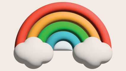 Stylized 3D Rainbow with Fluffy White Clouds on Pale Background colors orange
