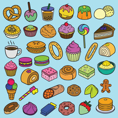 A vibrant, cartoon-style illustration featuring a large variety of colorful dessert and sweet food icons on a light blue background. The collection includes popular items such as donuts, cupcakes, mac