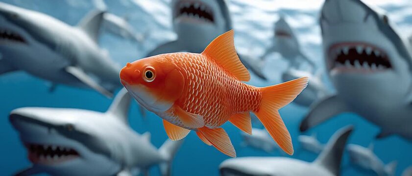 Golden Fish in Shark-Infested Waters: A tiny golden fish, vibrant and distinct, fearlessly navigates the perilous waters among menacing sharks, representing courage, resilience, and standing out.