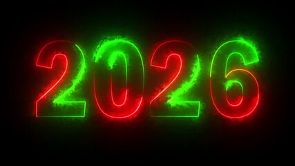 New year 2026 text icon animation glowing neon red and green color number anniversary template banner sign signboard holiday code digit rectangle box font letter word on black background	 - Powered by Adobe