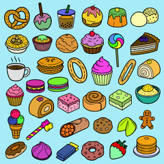A vibrant, cartoon-style illustration featuring a large variety of colorful dessert and sweet food icons on a light blue background. The collection includes popular items such as donuts, cupcakes, mac