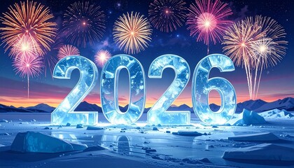 Ice-like 2026 glows in fireworks—ritual of frozen celebration and luminous transition, where snowy peaks and mirrored numerals choreograph the emotional architecture of time, wonder, and renewal.