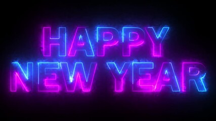 Happy New Year text icon animation glowing neon pink and blue color anniversary template banner sign signboard holiday code digit rectangle box font letter word on black background - Powered by Adobe