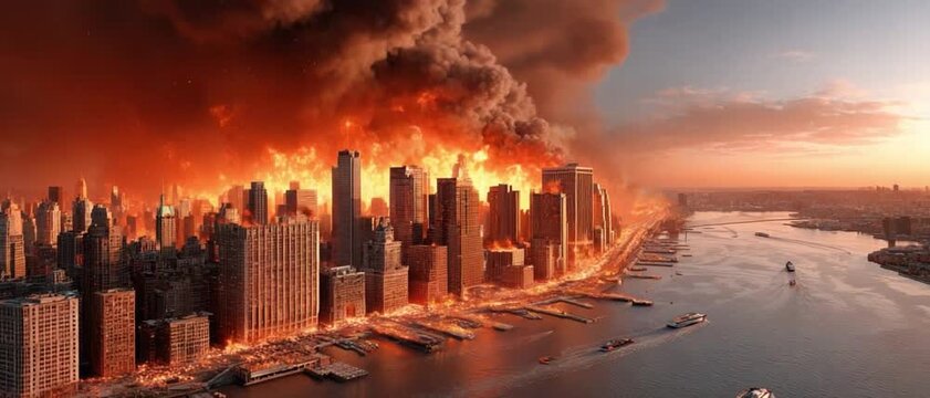 City in Flames: A dramatic depiction of a cityscape engulfed in a raging inferno, showcasing the devastating power of uncontrolled fire and the destruction it leaves in its wake. 