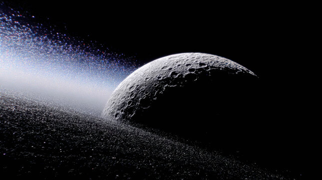 Cinematic View Of Cratered Moon Or Planet With Rings And Debris Field In Deep Dark Space Planet Moon Rings Space Debris