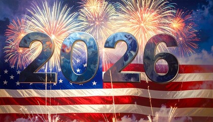 Golden 2026 rises behind fireworks and flag—ritual of patriotic celebration, where metallic numbers and explosive light choreograph the emotional architecture of unity, pride, and national renewal.