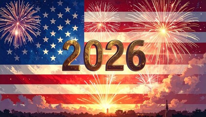 Golden 2026 rises behind fireworks and flag—ritual of patriotic celebration, where metallic numbers and explosive light choreograph the emotional architecture of unity, pride, and national renewal.