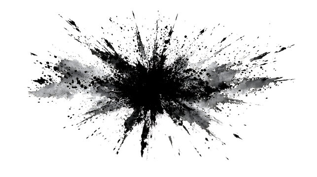 Black ink explosion splatter, isolated on a white background