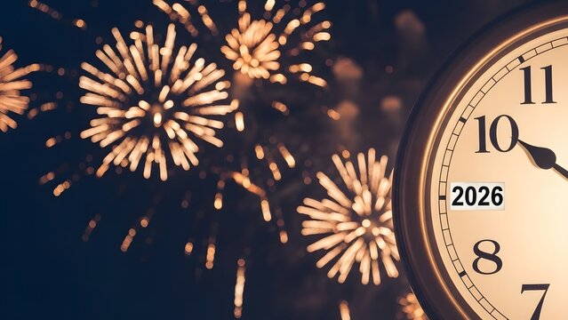 New year s eve celebration clock striking midnight with fireworks display