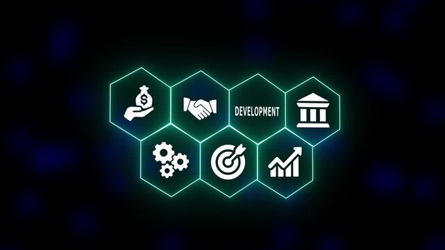 A bright digital hexagon design containing icons that symbolize structural progress, skill building, planning cycles, and long-term development processes.