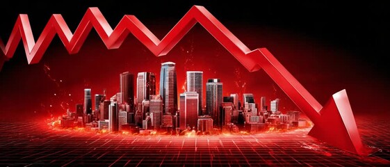Economic Downturn: A symbolic depiction of financial decline, with a red arrow dramatically pointing downward over a cityscape, illustrating economic challenges. 