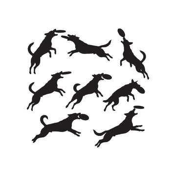 Frisbee Dog Jump Silhouette Vector Set