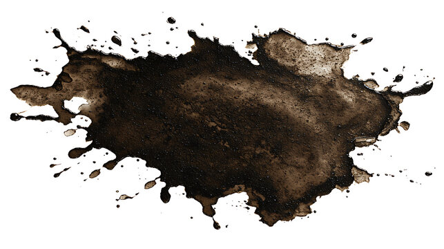 Dirty grease stain with dark oily texture and irregular edges, isolated on a white background