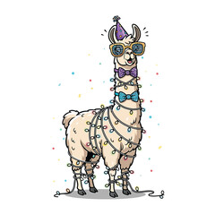 Fototapeta premium Funny cartoon llama wearing party hat, sunglasses, and tangled in colorful string lights, isolated on