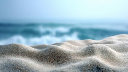 Soft, golden sand texture on serene beach with gentle ocean waves in the background, creating a tranquil coastal atmosphere for relaxation or vacation imagery