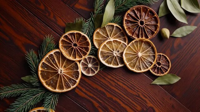 Creative arrangement of dried citrus slices with evergreen branches on wooden surface