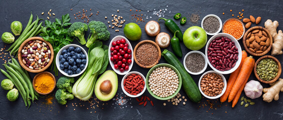 Overhead shot of fresh colorful vegetables and superfoods arranged on a dark background perfect for healthy eating concepts