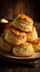 Golden-brown buttermilk biscuits stacked artfully on rustic wooden plate, showcasing flaky layers and warm, inviting texture of freshly baked Southern comfort food
